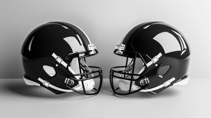 Fototapeta premium Two Black Football Helmets Facing Each Other