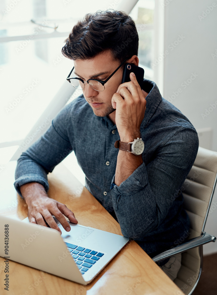 Poster office, laptop and business man with phone call for chat, typing and contact as article source for p