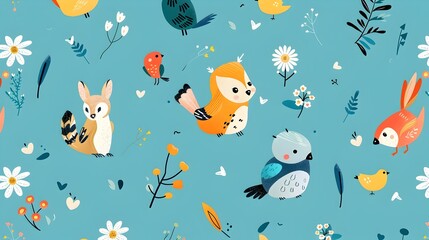 Whimsical Woodland Creatures and Floral Pattern Backdrop