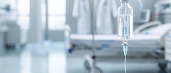 Close-up of an IV drip in a modern hospital, highlighting essential medical equipment and sterile environment.