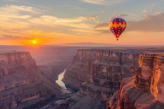 A hot air balloon rising above a dramatic canyon