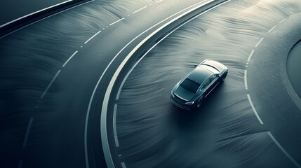 Obraz premium A lone car drives through a curve on a winding road. The top-down view emphasizes the sharp turn and the car's movement.