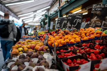 Vienna, Austria, August 23, 2022. At the Naschmarkt market shot close-up image with seasonal fruit...