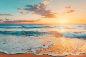 Sunset Over Ocean Waves with Golden Reflections