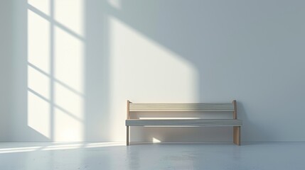 A wooden bench sits in a minimalist room bathed in sunlight streaming through a window.