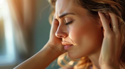 Fototapeta premium Seeking Peace: Woman in Profile Holding Head, Concept of Mental Health and Stress