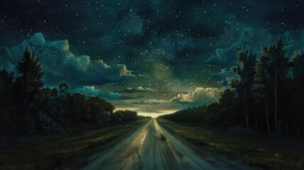 Fototapeta premium A tranquil night road stretches towards the horizon under a star-filled sky, bordered by lush forests and illuminated by the milky way.