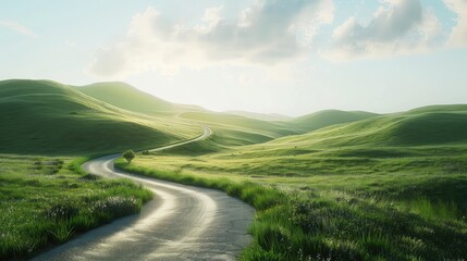 A winding road through rolling green hills under a bright blue sky with scattered clouds, capturing the serenity of a rural landscape.