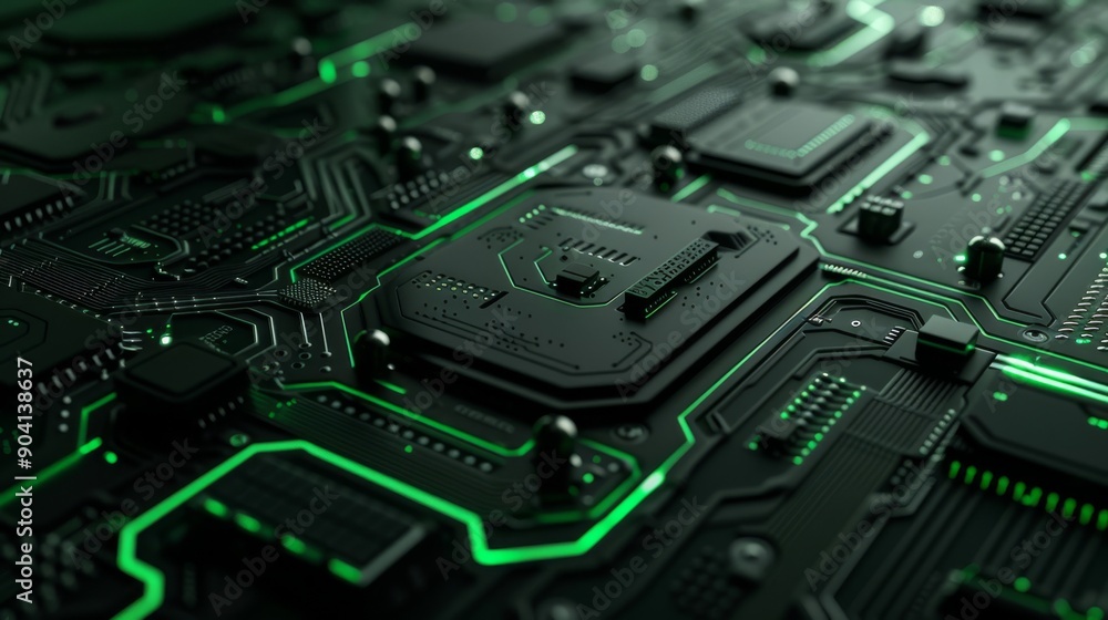 Poster advanced electronic circuit board featuring black and green glowing components for high-tech applica