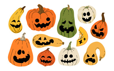 Jack-O-Lantern. Halloween pumpkins with faces vector element set. October holiday symbol. Creepy, smiling, fun carved pumpkin heads.
