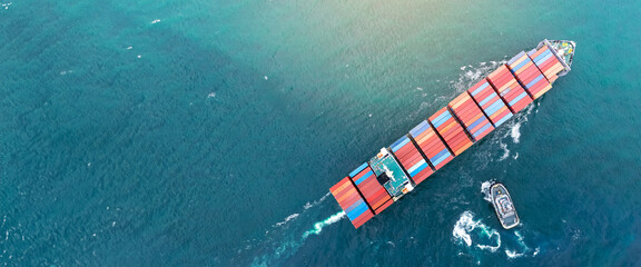 top view of Cargo container ship. Cargo Vessel carrying container for freight shipping customs...