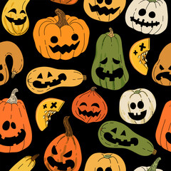 Jack-O-Lantern seamless pattern. Halloween pumpkins with faces vector background. October holiday symbol. Creepy, smiling, fun carved pumpkin heads.