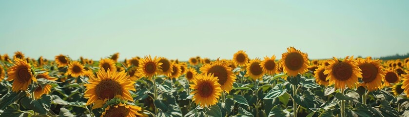 Fototapeta premium Field of vibrant sunflowers under a clear blue sky, showcasing the beauty of nature and the serenity of a summer day.