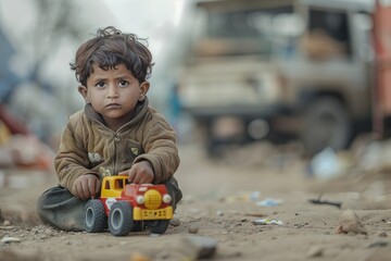 Child with makeshift toy poverty