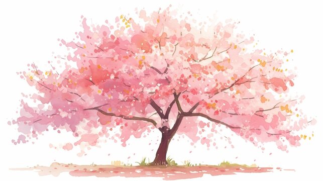 Vector watercolor pink sakura tree side view isolated on white background for landscape and architecture drawing,elements for environment or garden,botanical element