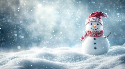 Fototapeta premium Winter holiday background featuring a snowman and snowy landscape
