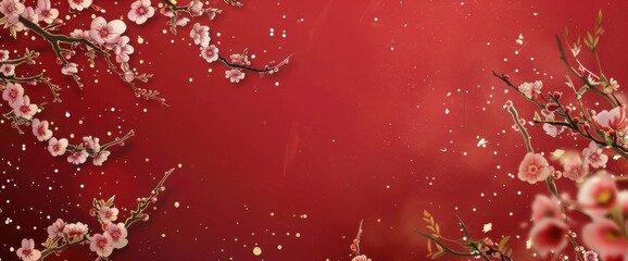 Red background, illustration gold line drawing style with small flowers on the left and right sides of the picture.