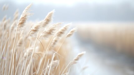 Delicate reeds sway gently in a serene, foggy landscape, creating a peaceful and ethereal atmosphere in nature.