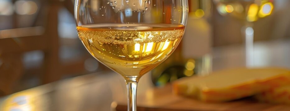 Close-up of a glass of white wine on a table with bread slices in the background, creating a warm and inviting atmosphere.
