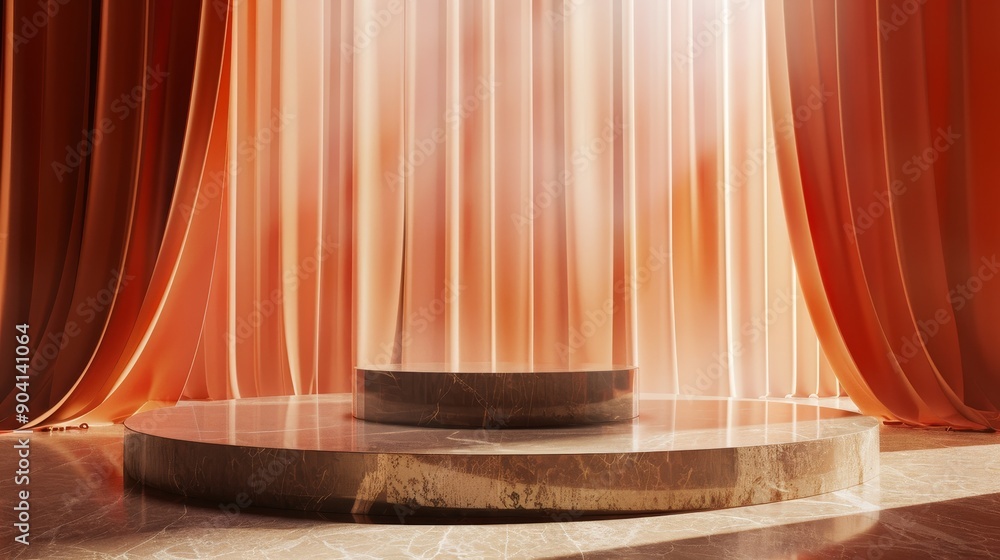 Poster a minimalist stage with two circular platforms and red curtains illuminated by warm light. perfect f