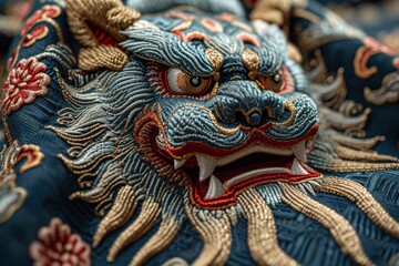 Obraz premium Detailed close up of colorful Tibetan snow leon embroidery on fabric tapestry, showcasing vibrant threads and intricate stitching craftsmanship