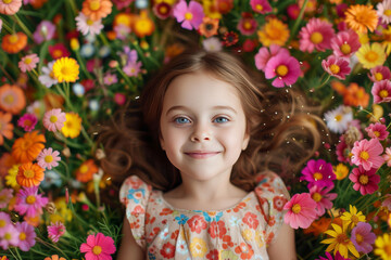 Cheerful young girl lying in vibrant field of wildflowers, radiating joy and happiness amidst colorful blooms, embodying spirit of youthful exuberance and connection with nature