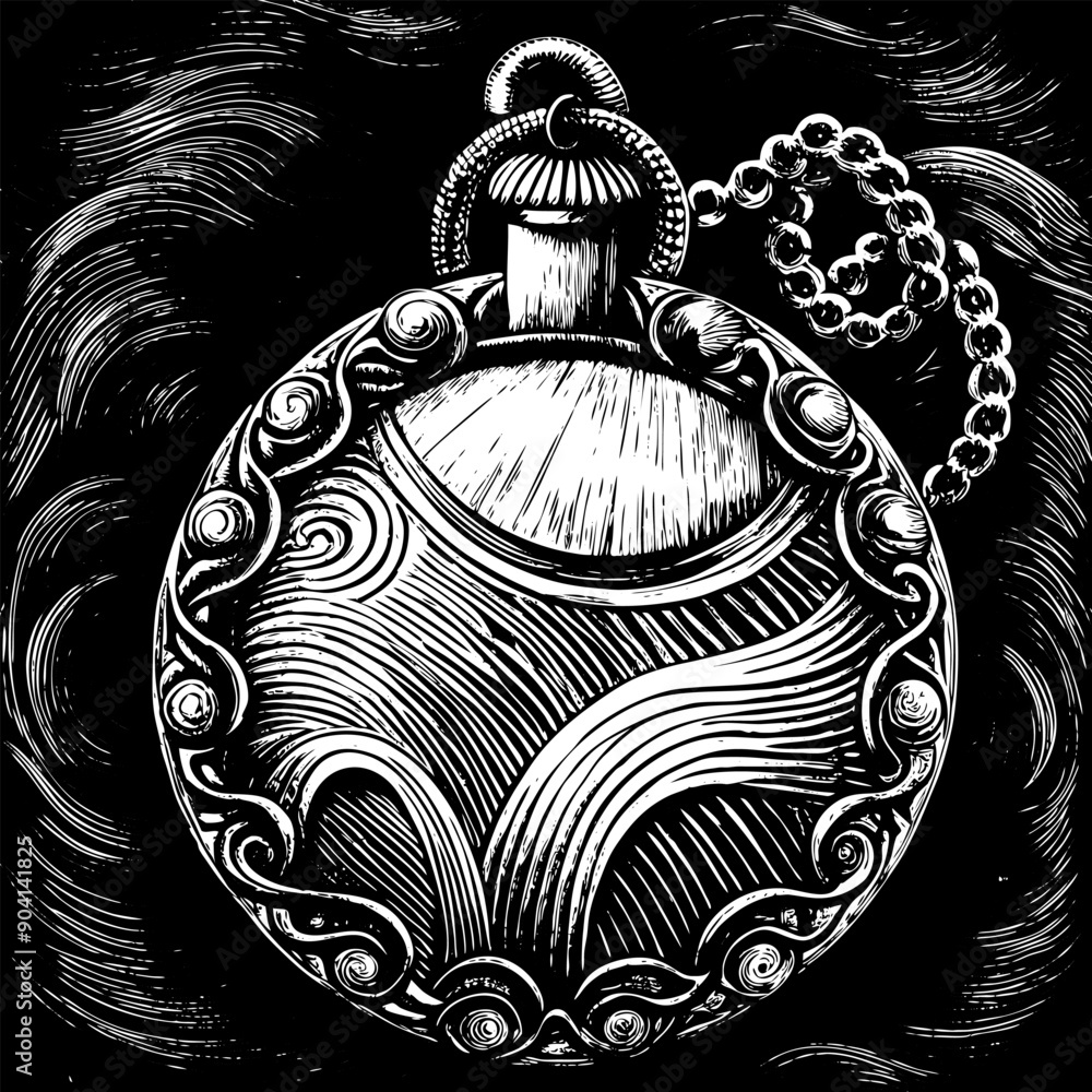 Poster a black and white drawing of a round object with a chain and a small cap on top