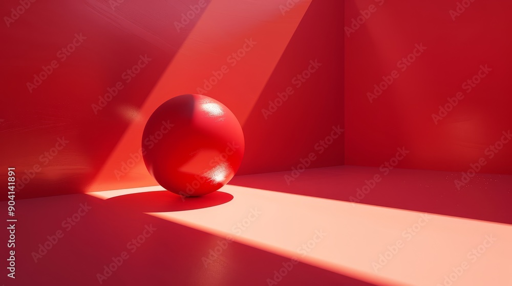 Poster a single red sphere sits in a beam of light on a red surface. the light casts a long shadow. minimal