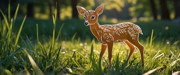 baby deer bambi in the grass in summer on a sunny day.