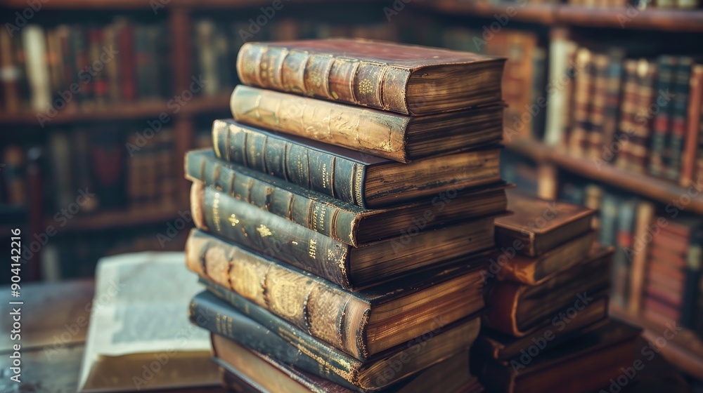 Poster a stack of vintage books on a wooden table in a library setting. the books are well-worn and have ag