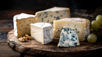 Assorted gourmet cheeses on wooden board with grapes and walnuts, perfect for culinary, food, and gourmet presentations.