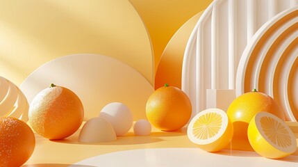 A vibrant still life of oranges and lemons against a backdrop of white and yellow geometric shapes.