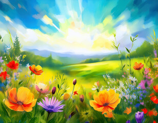 Bright Summer Floral Art Illustration Flowers Background with Copy Space for Advertising Text