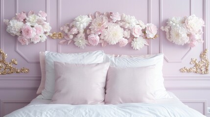 Elegant floral decor enhances a cozy pink bedroom with soft pillows, creating a serene and inviting atmosphere.