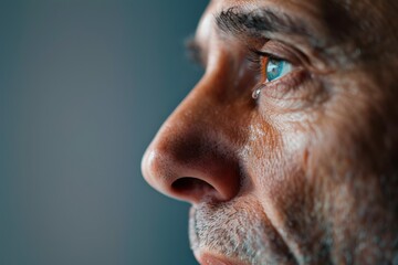 Obraz premium Emotional Distress - Profile of a Man with Tear Rolling Down His Face Conveying Mental Health Struggles and Grief