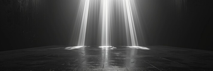 Triad of Light: A Dramatic Interplay of Three Beams on a Dark Floor, Capturing the Essence of Shadow and Illumination.