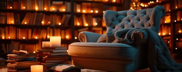 Obraz premium Cozy reading nook with a plush armchair and a stack of books, Interior design, Comfort