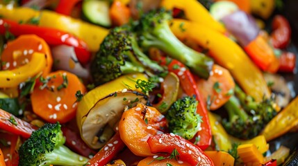 Colorful stir-fried vegetables including broccoli, bell peppers, and carrots. Perfect for healthy meals and vegan cuisine ideas.
