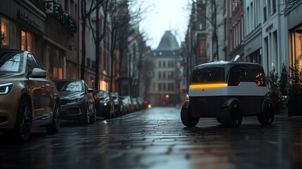 Fototapeta premium Futuristic autonomous delivery robot on a urban street.