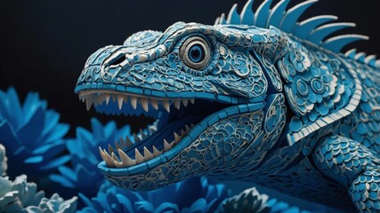 Closeup of a reptiles electric blue fangfilled jaw underwater.