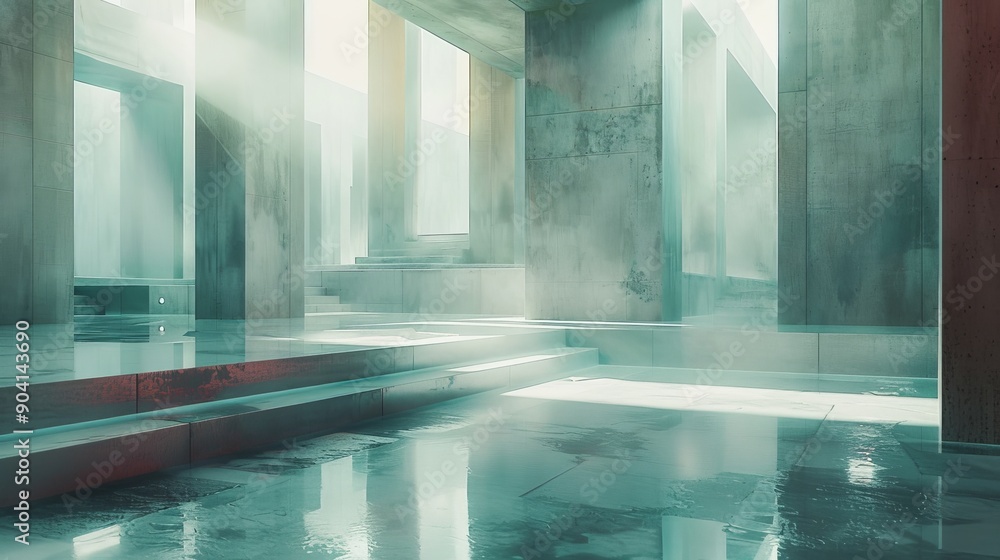Poster abstract futuristic architecture with a concrete floor and walls reflecting light.