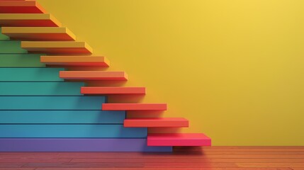 Abstract colorful stairs leading up a yellow wall, representing growth and success.  Minimalist design.