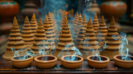 Thai incense burning in a Buddhist temple, emitting fragrant smoke during a religious ceremony.