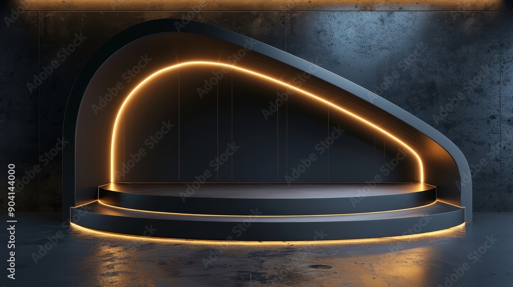Poster abstract minimalist product display with a glowing arch and podium on a dark background. perfect for