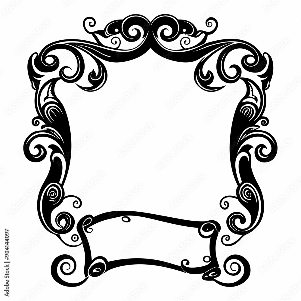 Poster a black and white frame with a scrollwork design