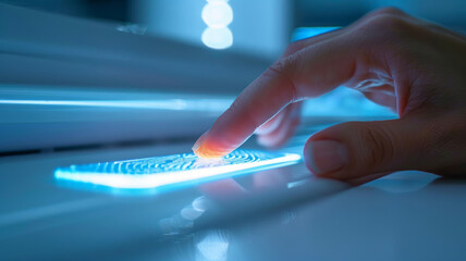 Finger touching illuminated digital interface for biometric scanning.
