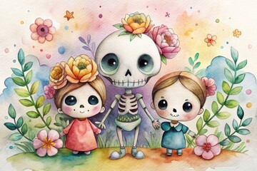 Naklejka premium Adorable illustration of three cute skeleton characters surrounded by colorful flowers and leaves.