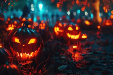 Obraz premium Halloween pumpkins background with illuminated