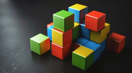Colorful wooden blocks stacked in a pyramid shape on a black surface.