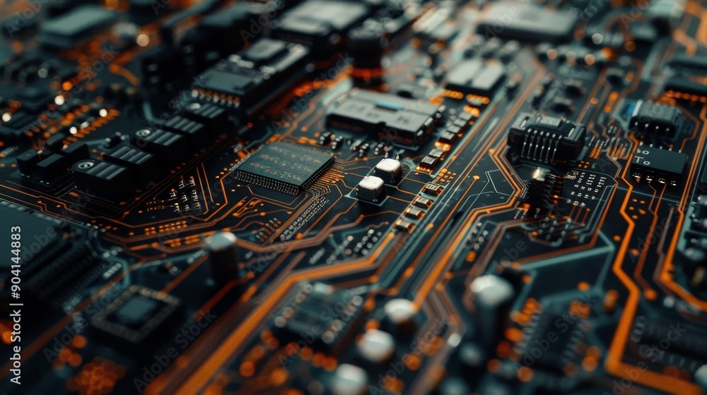 Poster a close-up of a circuit board featuring a dense arrangement of electronic components and finely deta